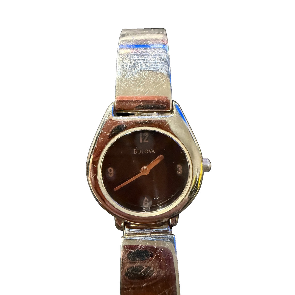 Bulova Women's Silver-Tone Bangle Cuff Wristwatch Oval Black Dial Quartz Watch
